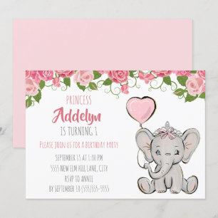 Convite Princesa Tiara Elefante Rosa Floral 1º Aniversário