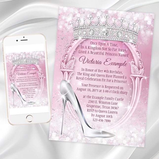 Convite Princesa Tiara Glass Slipper Cinderella Birthday (Princess Birthday Invitation with glass slipper and tiara. Any occasion princess invitation. )