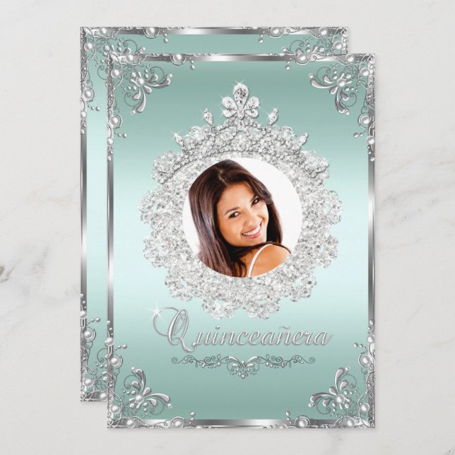 Convite Princesa Tiara Mint Silver Sparkle Quinceanera (Frente/Verso)