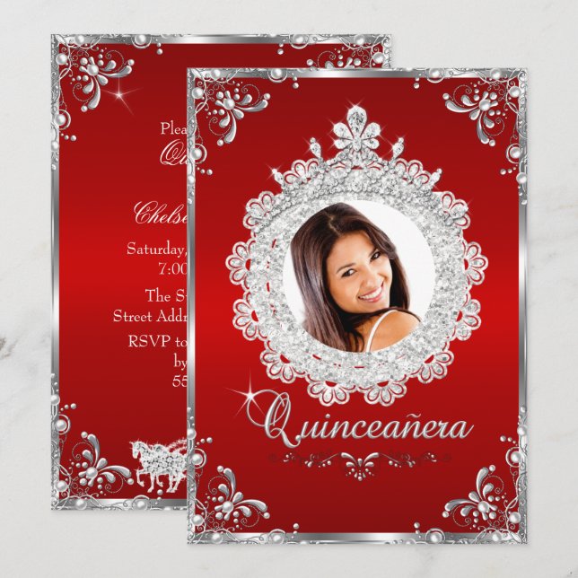 Convite Princesa Tiara Red Silver Sparkle Quinceanera (Frente/Verso)