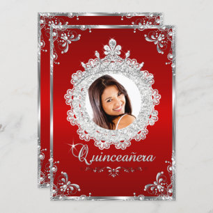 Convite Princesa Tiara Red Silver Sparkle Quinceanera