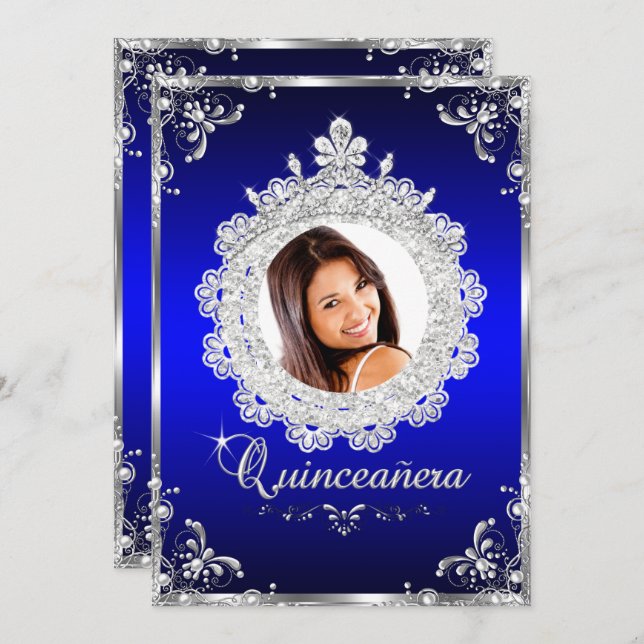 Convite Princesa Tiara Royal Blue Sparkle Quinceanera (Frente/Verso)