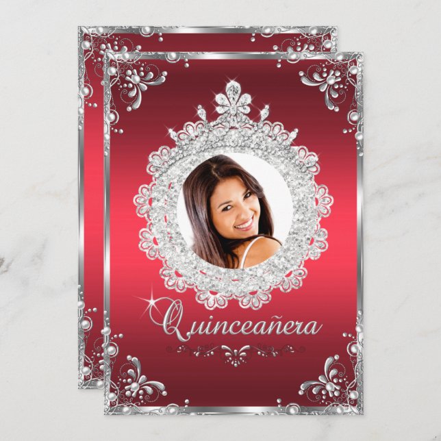 Convite Princesa Tiara Ruby Red Sparkle Quinceanera (Frente/Verso)