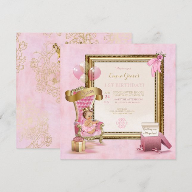 Convite Princesa Trono de Veludo Rosa Coroa Dourada Aniver (Frente/Verso)