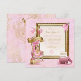 Convite Princesa Trono de Veludo Rosa Coroa Dourada Aniver