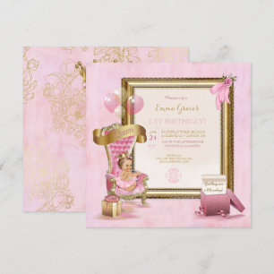 Convite Princesa Trono de Veludo Rosa Coroa Dourada Aniver