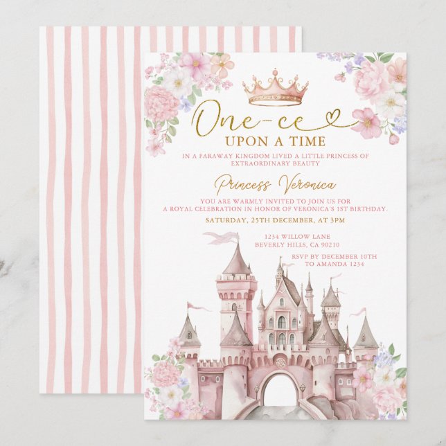 Convite Princesa UMA VEZ Um dia de Aniversário Coroa do Ca (Frente/Verso)