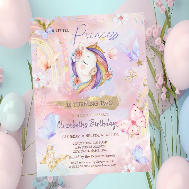 Convite Princesa Unicórnio Borboleta Arco-íris Aniversário (Criador carregado)
