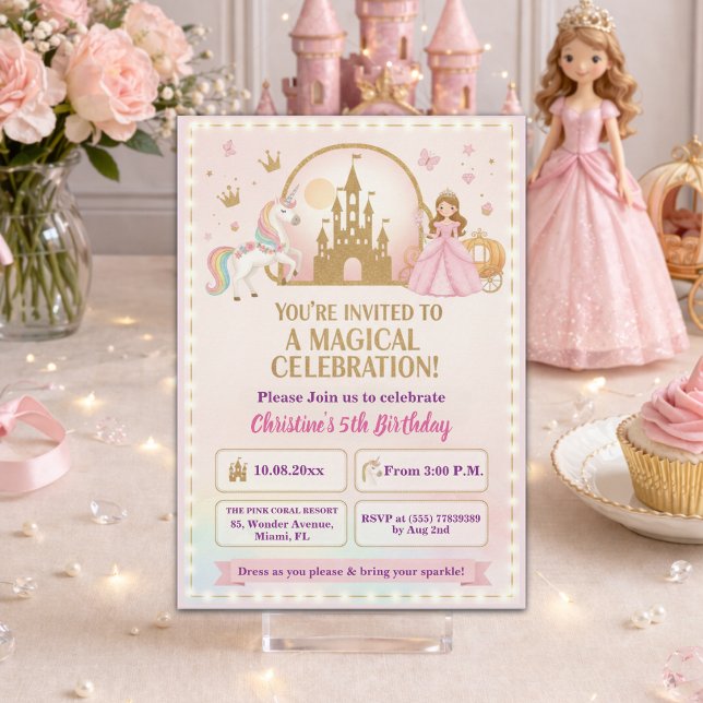 Convite Princesa Unicórnio Castelo de Ouro Festa de 5 Anos (Criador carregado)