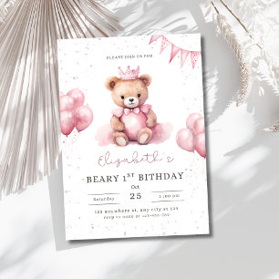 Convite Princesa Ursinho Beary 1º Aniversário Rosa Meninas