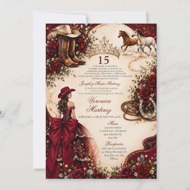 Convite Princesa Vermelha Burgundy Ocidental Mis Quince (Frente)