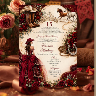 Convite Princesa Vermelha Burgundy Ocidental Mis Quince