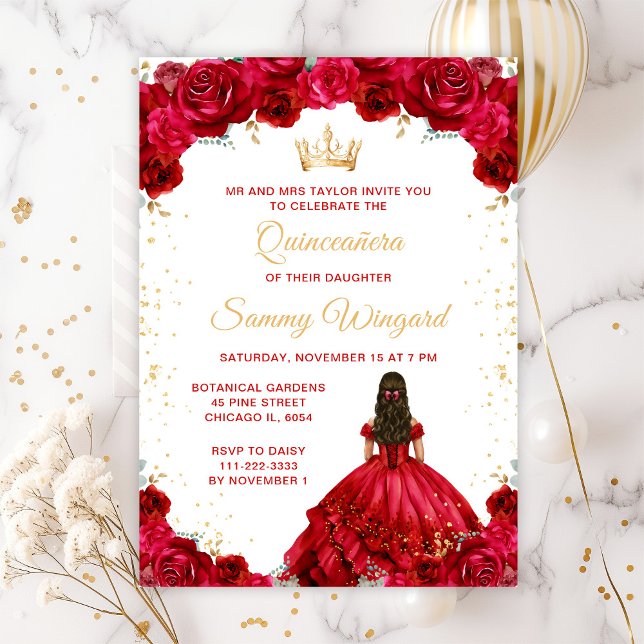 Convite Princesa Vermelha Floral Quinceañera (Criador carregado)