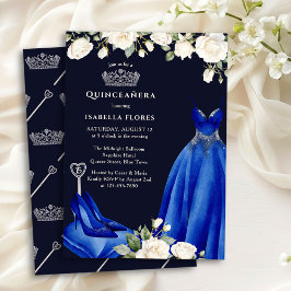 Convite Princesa Vestida e Rosas Blue Quinceanera