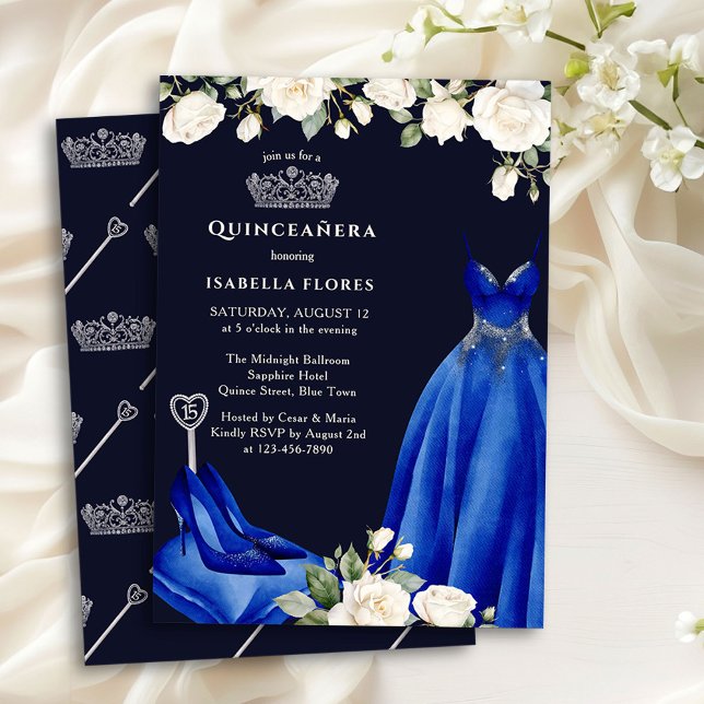 Convite Princesa Vestida e Rosas Blue Quinceanera (Quinceanera Invitation from the Princess Dress and Roses Quinceanera collection by Darling & May)