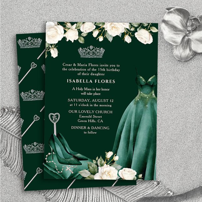 Convite Princesa Vestida e Rosas Cinceanera Verde (Quinceanera Mass Invitation from Princess Dress and Roses Quinceanera Collection by Darling & May)