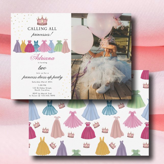Convite Princesa Vestida Fairytala Vestir Foto Aniversário (Princess Dresses Fairytale Dress Up Photo Birthday Invitation)