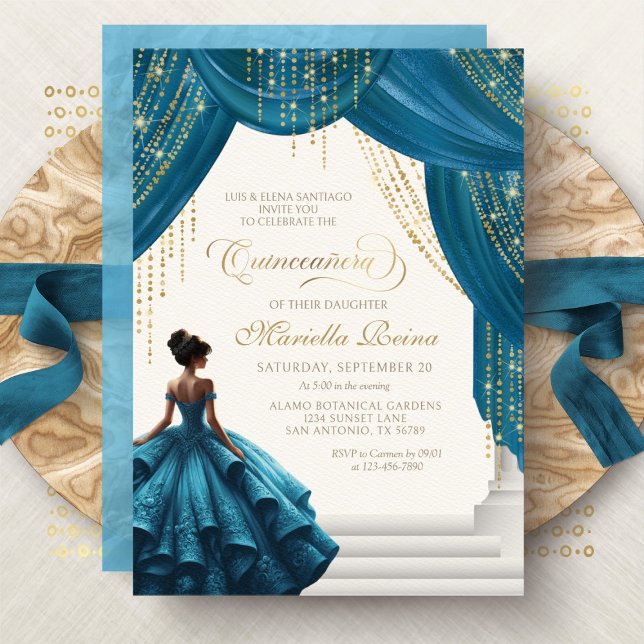 Convite Princesa Vestido Teal Elegante Quinceanera (Criador carregado)