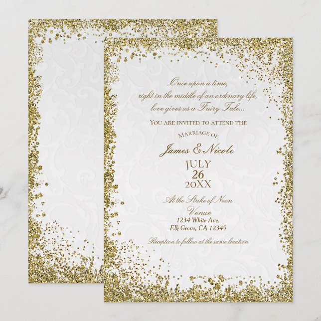 Convite Princesa White Damask Storybook Elegant Weding (Frente/Verso)