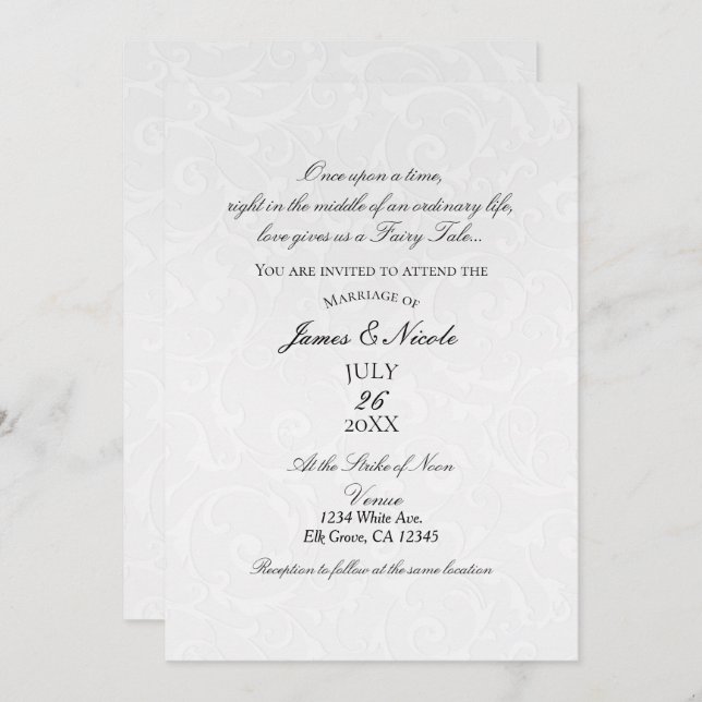 Convite Princesa White Damask Storybook Elegant Weding (Frente/Verso)