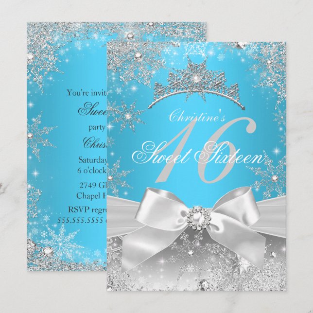 Convite Princesa Winter Wonderland Azul Sweet 16 (Frente/Verso)