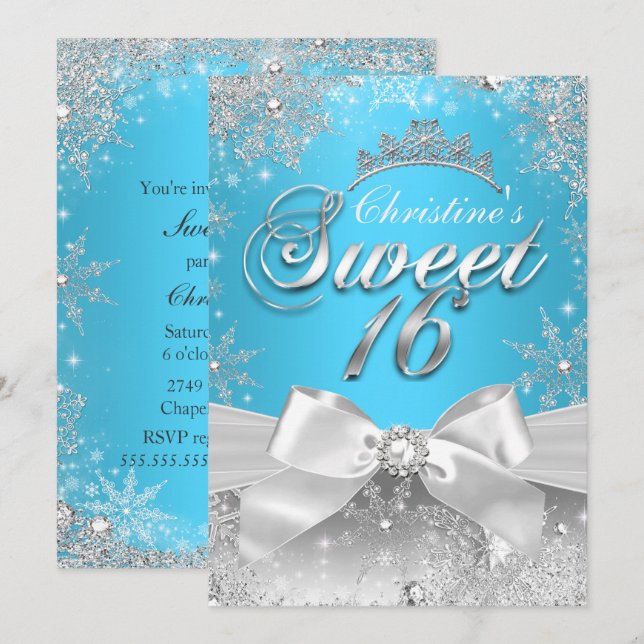 Convite Princesa Winter Wonderland Azul Sweet 16 (Frente/Verso)