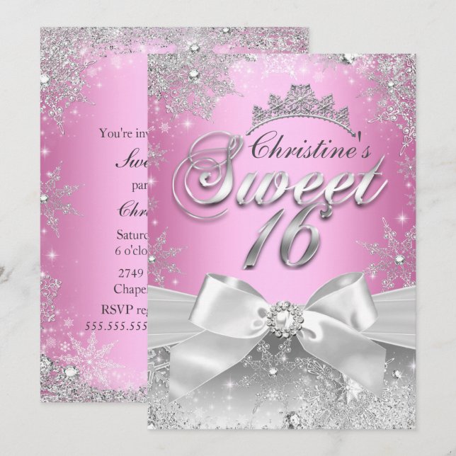Convite Princesa Winter Wonderland Rosa Sweet 16 (Frente/Verso)