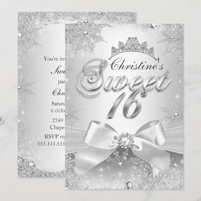 Convite Princesa Winter Wonderland Silver Sweet 16 Invite (Frente/Verso)