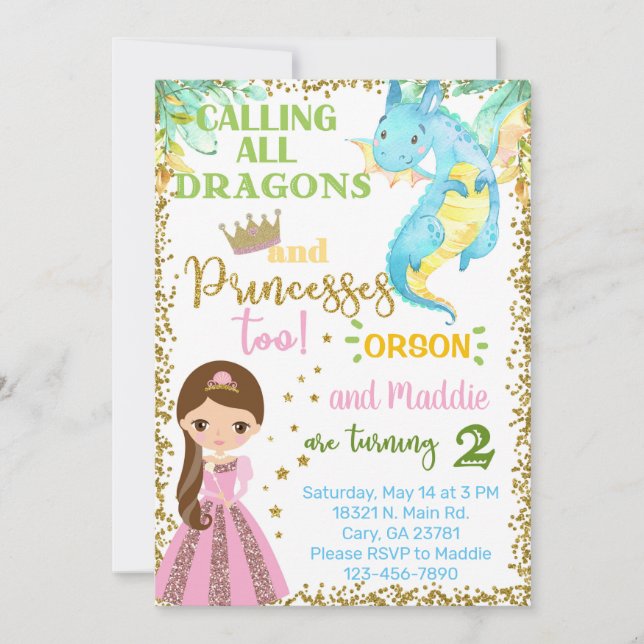 Convite Princess and dragon siblings birthday invitation. (Frente)