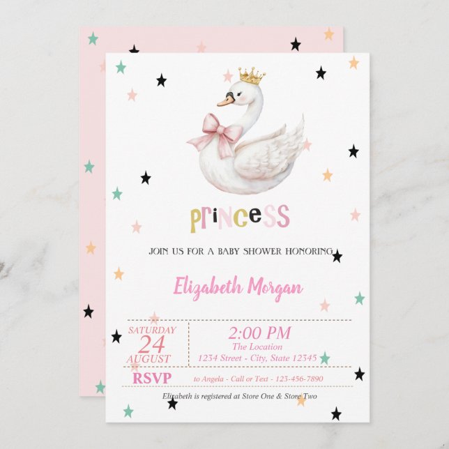Convite Princess Baby Swan, Stars Baby Shower (Frente/Verso)