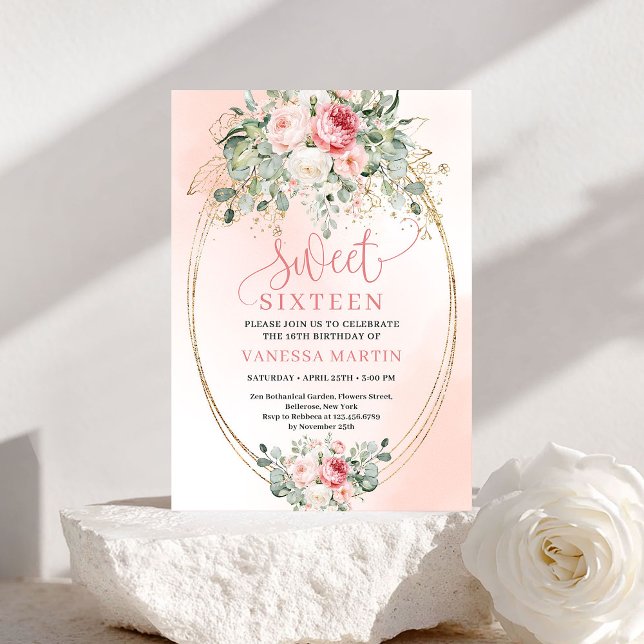 Convite Princess Blush Rose Gold Sweet 16 Birthday Invite (Princess Blush Rose Gold Sweet 16 Birthday Invite)