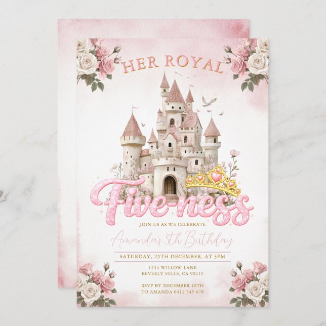 Convite Princess Castle 5th Birthday Five-ness Royal  (Frente/Verso)