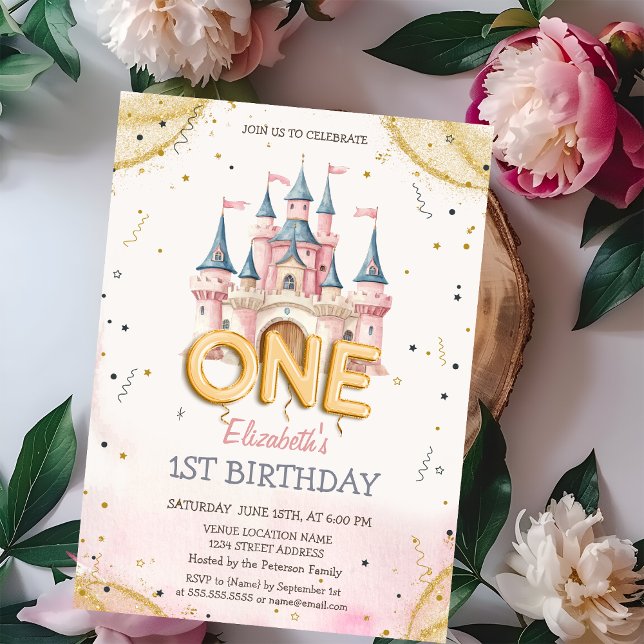 Convite Princess Castle Confetti Watercolor 1st Birthday (Criador carregado)