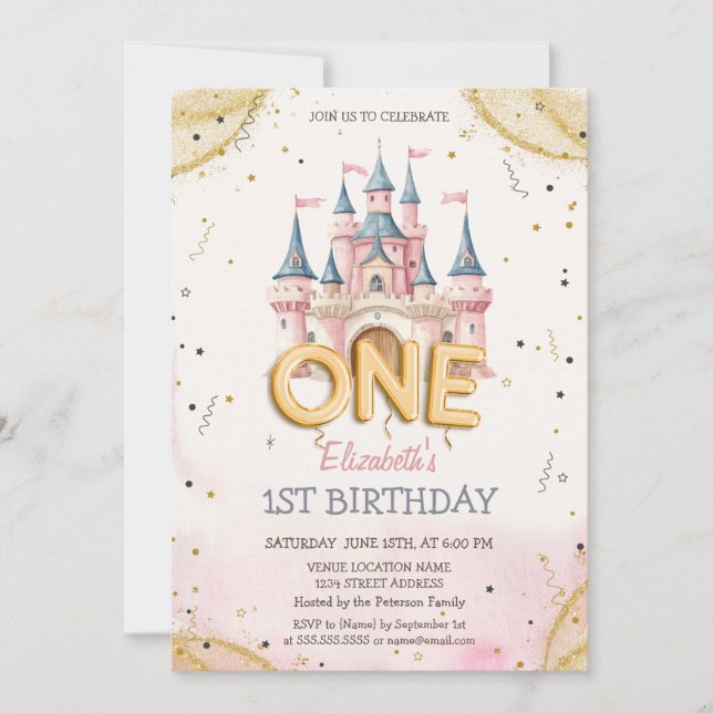 Convite Princess Castle Confetti Watercolor 1st Birthday (Frente)