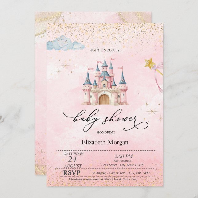 Convite Princess Castle Gold Dust Pink Baby Shower   (Frente/Verso)