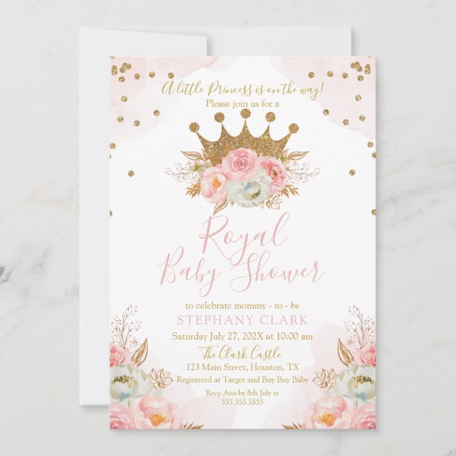 Convite Princess Floral Pink & Gold Baby Shower Invitation (Frente)