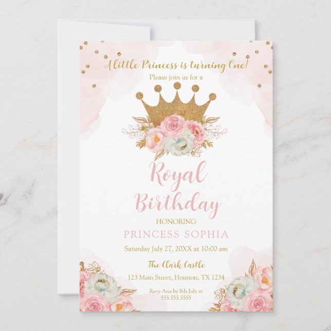 Convite Princess Floral Pink & Gold Birthday (Frente)