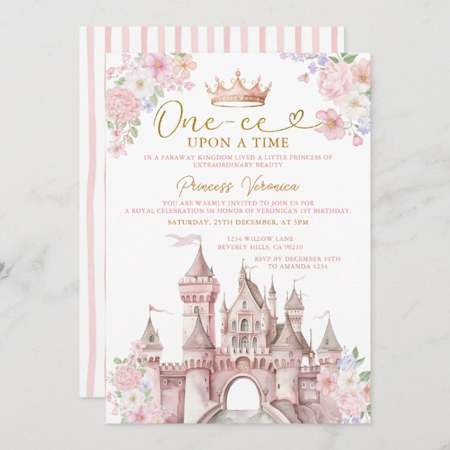 Convite Princess ONE-CE Upon a time Birthday Castle Crown (Frente/Verso)