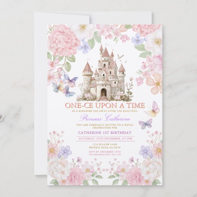 Convite Princess ONE-CE Upon a time birthday Castle Floral (Frente)