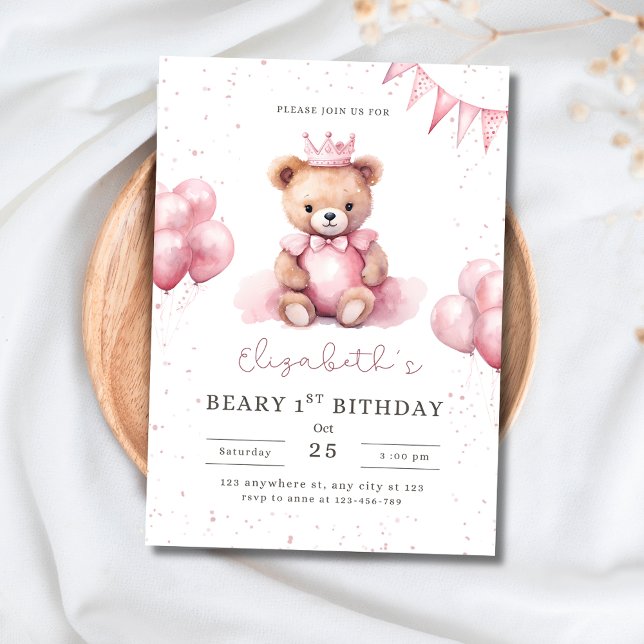 Convite Princess Teddy Bear Beary 1st Birthday Pink Girls (Criador carregado)