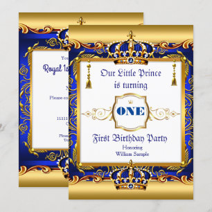 Convite Príncipe 1º Aniversário Azul Ornado Dourado