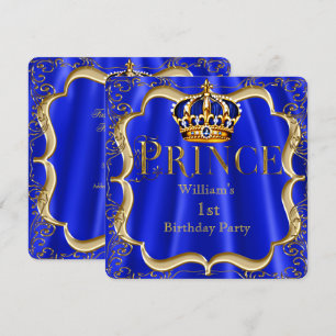 Convite Príncipe 1º Aniversário Menino Coroa Azul Dourada