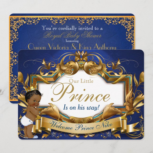 Convite Príncipe Africano Real Fancy Azul Royal e Dourado (Frente/Verso)