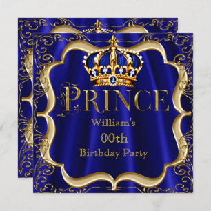 Convite Príncipe Birthday Real Coroa Azul Dourada Mens 2