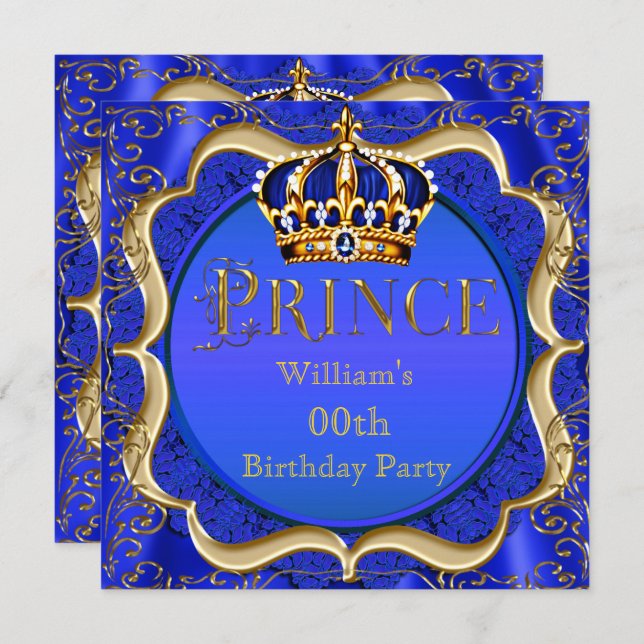 Convite Príncipe Birthday Royal Blue Dourado Crown Mens (Frente/Verso)
