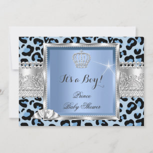 Convite Príncipe Chá de Bebê Menino Azul Cinza Leopardo