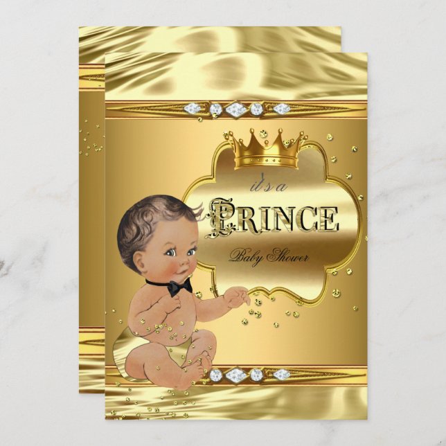 Convite Príncipe Chá de fraldas Gold Foil Brunette Arco Ti (Frente/Verso)