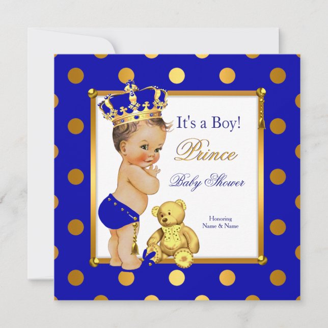 Convite Príncipe Chá de fraldas Real Azul Dourado Brunet (Frente)