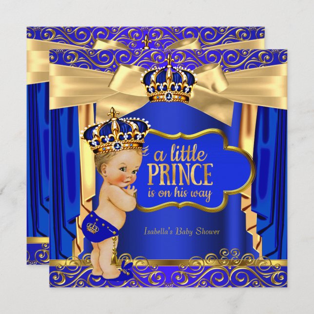 Convite Príncipe Chá de fraldas Royal Blue Dourado Draps B (Frente/Verso)