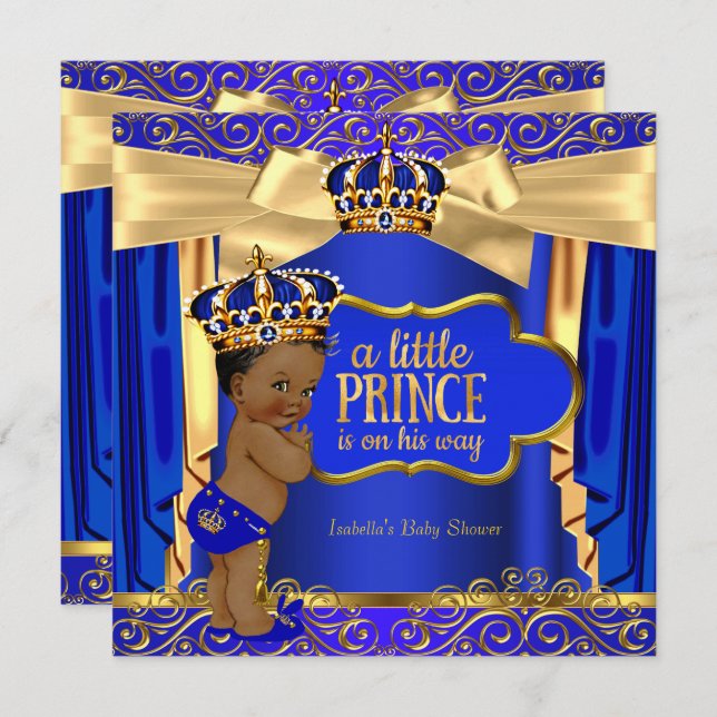 Convite Príncipe Chá de fraldas Royal Blue Dourado Draps É (Frente/Verso)